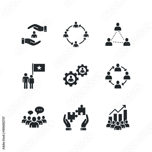 Collection of simplistic flat icons representing business team collaboration, progress, and human resources management concepts