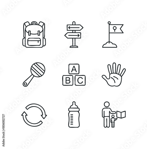 Set of simplified icons depicting travel, childhood development, and education symbols for universal application