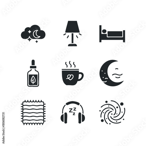 Nine icons depicting sleep, relaxation, and nighttime ambiance including moon, clouds, lamp, bed, essential oil, steaming mug, textured mat, headphones, and celestial swirl