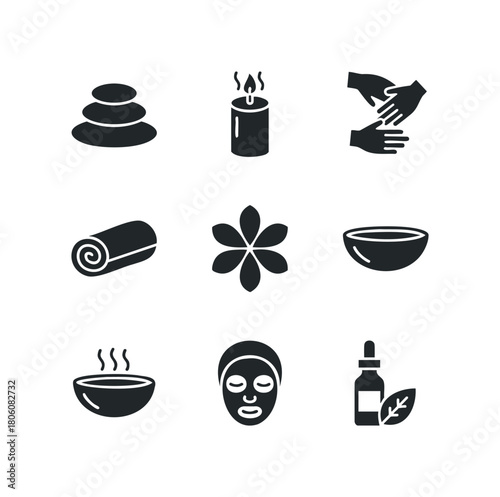 Spa wellness icons for relaxation massage therapy and self care treatments