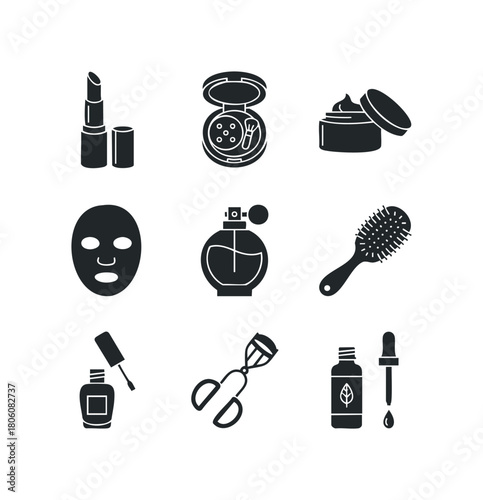 Cosmetic collection icons featuring lipstick, powder compact, cream jar, face mask, perfume bottle, hairbrush, nail polish, eyelash curler, and serum dropper