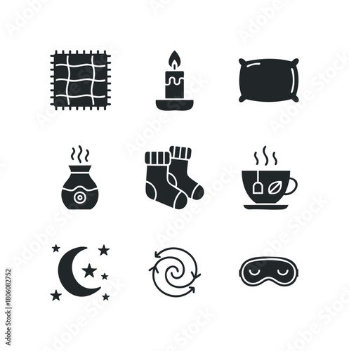 Collection of cozy nighttime icons representing relaxation and sleep comfort including moon, stars, pillow, and tea