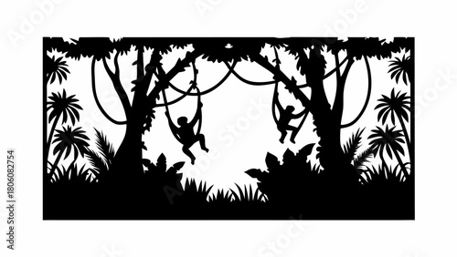 Dynamic silhouette of monkeys swinging on jungle vines, a wild adventure themed design element