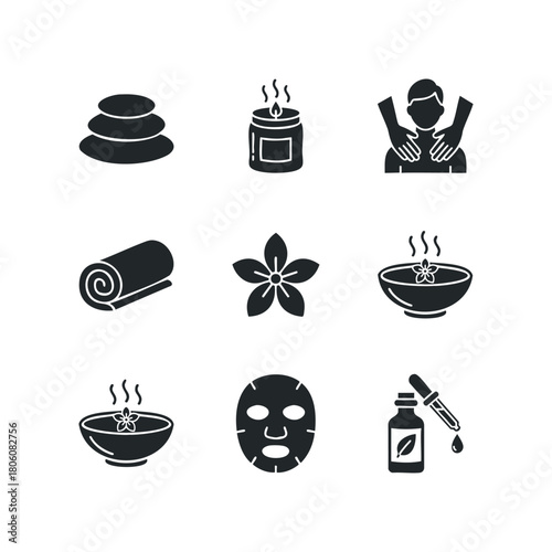 Collection of icons representing spa and wellness services including massage, hot stones, aromatherapy, and beauty treatments