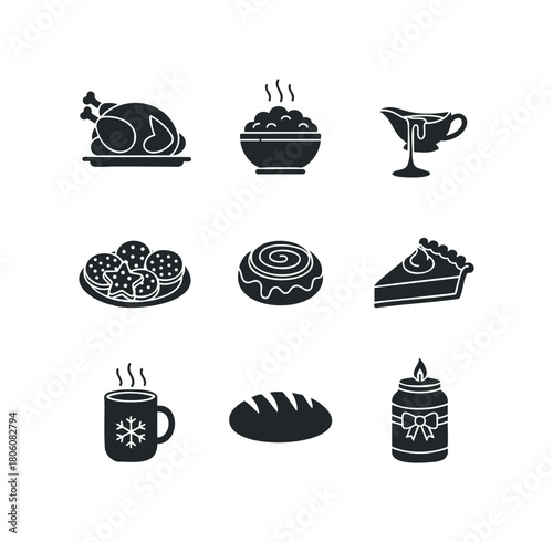 Holiday meal icons including roasted turkey, steaming mashed potatoes, gravy boat, cookies, cinnamon roll, pie slice, hot beverage, bread, and candle