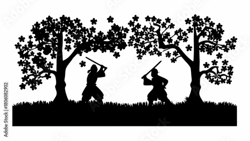 Dramatic silhouette of two samurai warriors engaged in combat under cherry blossom trees, Japanese culture