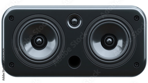 Black audio speakers for music and loud sound, isolated on a white background as stereo equipment or technology object