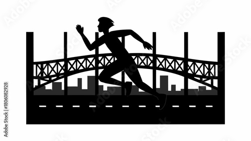 Dynamic runner silhouette speeding across city bridge in monochrome vector art conveys athletic energy and urban vitality