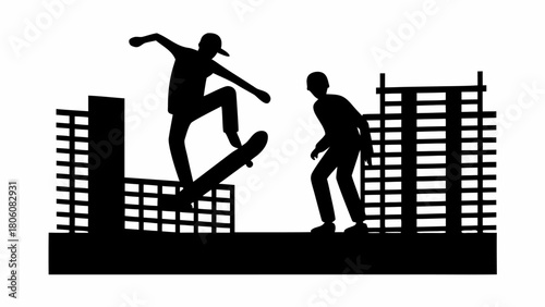 Dynamic skateboarding trick with urban buildings, a silhouette of youth culture and energetic movement