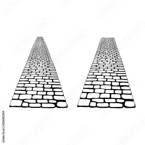 Two stone paths receding into the distance isolated on white background, creating a sense of depth and perspective for your design