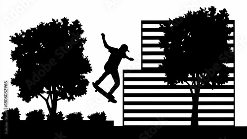 Dynamic skateboarder silhouette performing radical trick in urban park for action sports lifestyle brands