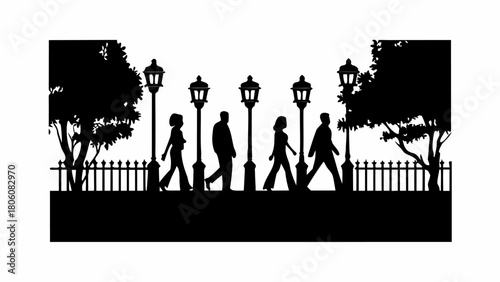 People walking in silhouette along a park path with lampposts and trees offering a peaceful scene