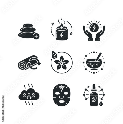 Collection of icons representing spa treatments, relaxation, and natural wellness services