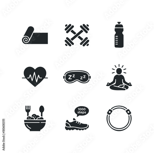 Collection of nine simplified icons representing fitness, health, and wellness activities including exercise equipment, food, and sleep