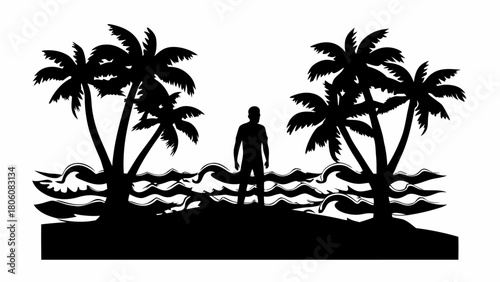 Serene silhouette of a man standing on a tropical beach surrounded by swaying palm trees and gentle waves