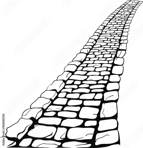 A winding cobblestone path disappearing into the distance, isolated on white background, offering a sense of journey and adventure