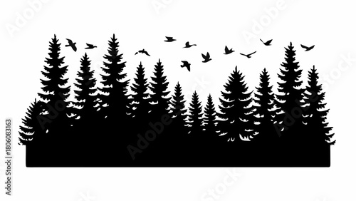 Ethereal silhouette of pine forest with birds flying over the trees, nature background for graphic design