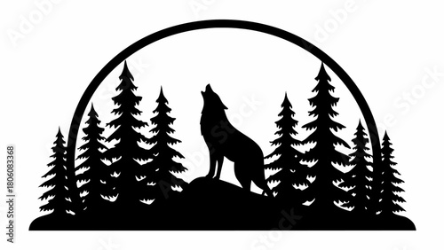 Striking silhouette of a howling wolf amidst towering pine trees in a minimalist forest scene
