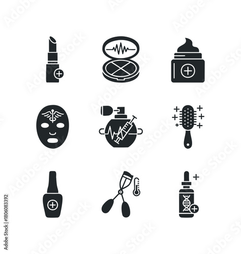 Set of black icons representing beauty and healthcare items such as lipstick, powder compact, cream jar, face mask, perfume bottle, hairbrush, nail polish, eyelash curler