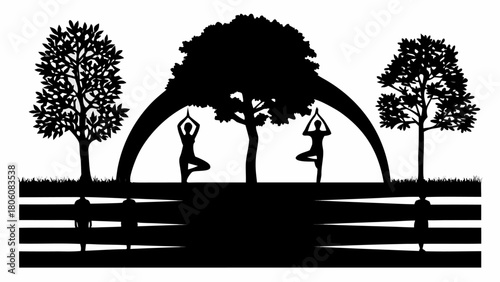 Serene yoga silhouettes practicing tree pose in nature, promoting wellness and mindfulness meditation retreat
