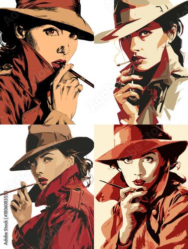 Stylish retro illustration of a mysterious woman in a hat and coat holding a cigarette. Vintage noir inspired character with bold shading and dramatic expression.