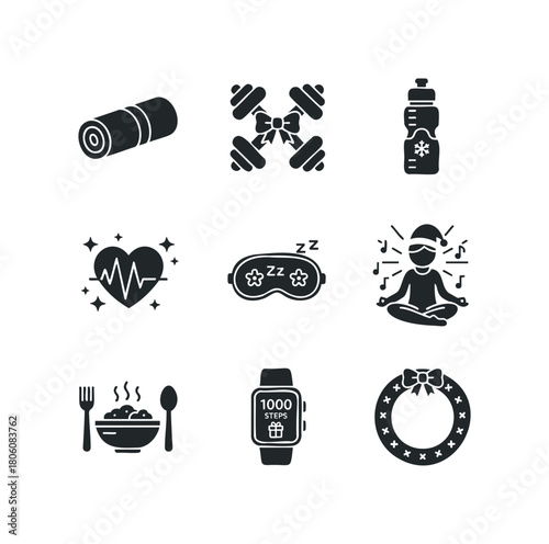 Collection of simplified glyph icons representing healthy lifestyle activities and winter holiday themes on white