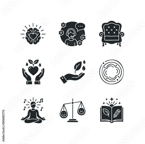 Collection of conceptual graphic icons representing well-being, growth, and knowledge with simple, modern silhouettes on a white background