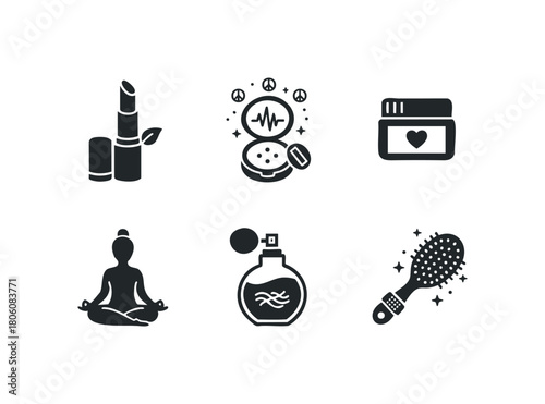 Collection of six minimalist icons representing personal care items and wellness activities.