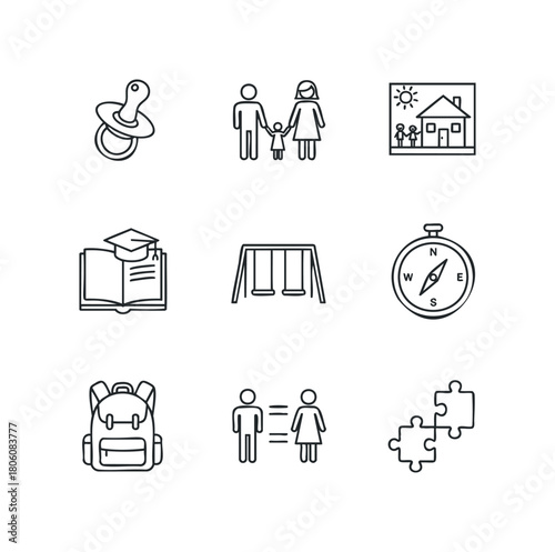 Collection of outline icons representing family, education, travel, and childhood
