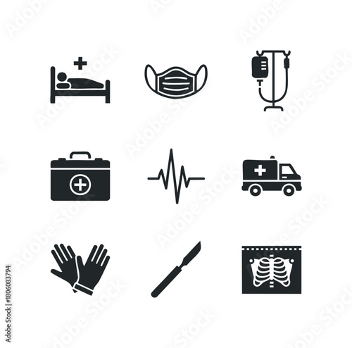 Collection of medical care icons including hospital bed, face mask, IV drip, medical bag, heartbeat, ambulance, gloves, scalpel, and x-ray