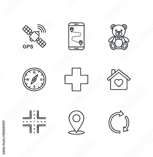 Collection of simplified linear navigation and location icons including satellite, GPS map, teddy bear, compass, medical cross, house with heart, intersection, and refresh symbol.