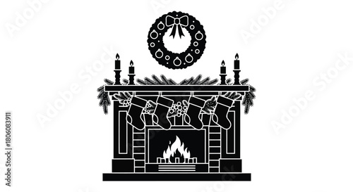 Black silhouette of a decorated christmas fireplace with wreath and candles