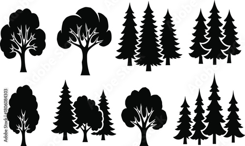 Black tree silhouette vector collection, forest illustration set, coniferous pine, deciduous oak, nature landscape design, woodland, botanical graphic, decorative artwork