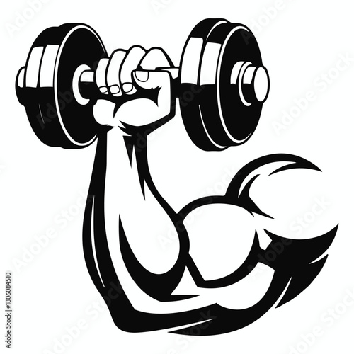Illustration of muscular arm lifting dumbbell, showcasing strength and fitness isolated on white background