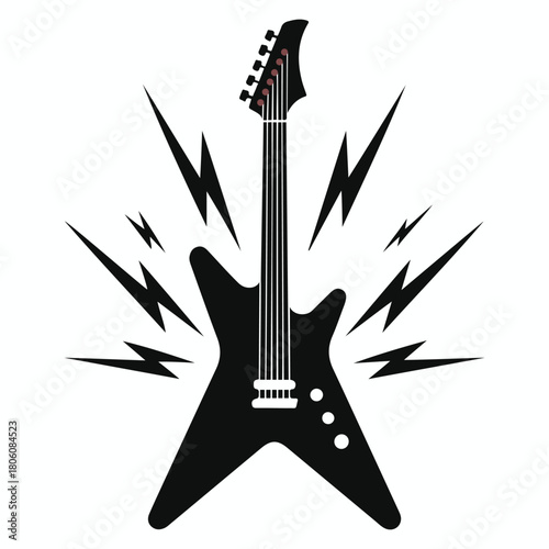 Electric guitar with lightning bolts isolated on white background is a symbol of rock music and hard rock culture