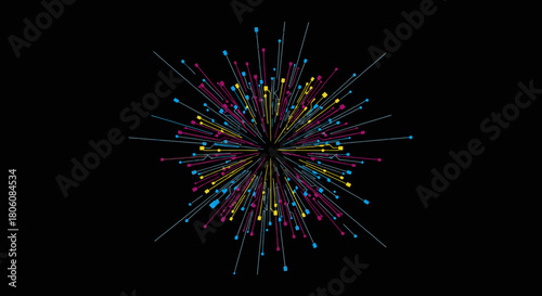 A vibrant abstract burst of colorful particles and lines radiates dynamically from a central point, illustrating concepts like data, energy, or celebration.