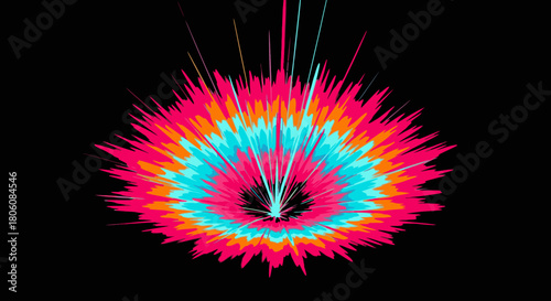 A dynamic abstract explosion of vibrant neon pink, orange, and turquoise light bursts from a central point, creating an energetic visual against a dark background.