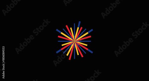 A symmetrical burst of vibrant red, blue, and yellow lines radiates outward from a central point against a stark black background, forming a dynamic abstract visual.