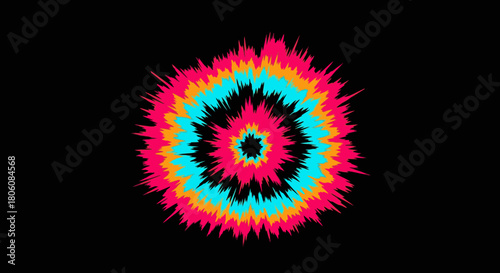 Energetic and colorful abstract explosion featuring sharp, jagged pink, orange, and cyan layers radiating from a central point on a black backdrop.