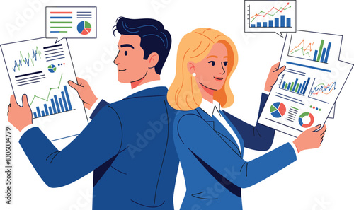 Business professionals analyzing charts, corporate teamwork with data visualization, office meeting presentation, financial report discussion, pie chart, bar graph, line graph collaboration