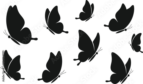Butterfly silhouette icons, black vector set, flying insects, nature theme, minimal design, side profile, wings, elegant, decorative, graphic