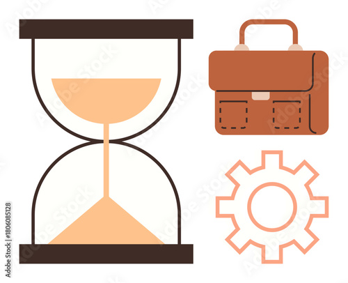 Hourglass symbolizing time, briefcase denoting work, and gear representing process. Ideal for time management, productivity, work balance, deadlines, efficiency, business planning project