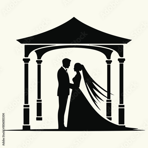 Silhouette of a romantic couple standing under a gazebo, celebrating their wedding day isolated on white background