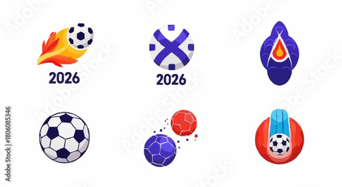 Set of Soccer-Themed Icons Representing Sports, Competition, and the Year 2026 for Design Elements