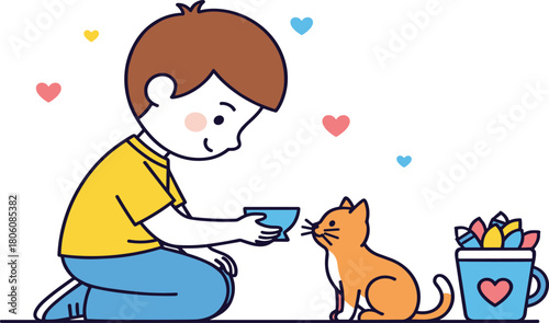 Cartoon child feeding cat illustration, kindness moment, pet care vector, friendship scene, colorful hearts background, compassion artwork, nurturing design