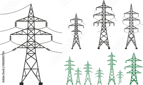 Electrical transmission tower vector, power line pylon illustration, energy infrastructure graphic, high voltage support, black and green silhouette
