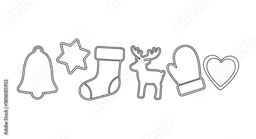Collection of festive christmas cookie cutters in various shapes including bell star stocking reindeer mitten and heart