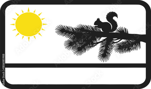 Squirrel silhouette vector, pine tree branch, forest animal, nature clipart, wildlife design, sun illustration, black graphic, woodland scene