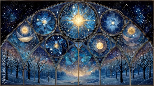 Celestial orbs glowing in stained glass style winter solstice night sky mystical cosmic abstract art background for spiritual holiday decor and magical seasonal illustrations