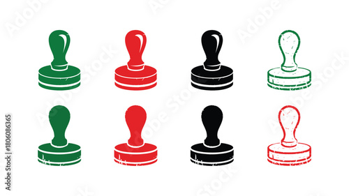 Collection of grunge stamp icons in green, red, and black, featuring a classic rubber stamp design with a distressed texture isolated on